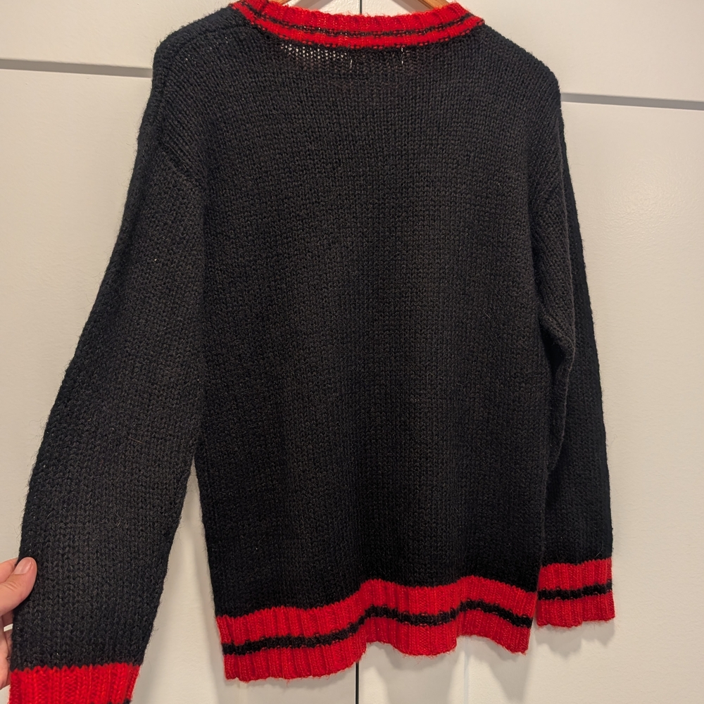 RHAPSODY Women's Black Knit Crewneck Sweater with Red Floral Intarsia Design - Picture 6 of 7